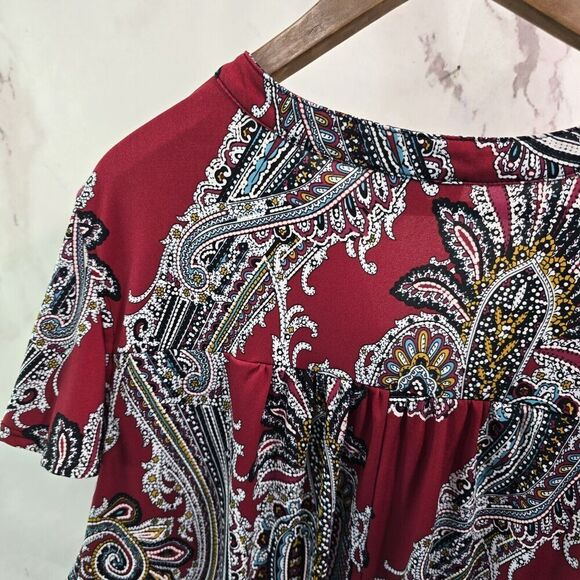 Cocomo Blouse Womens 3X Red Black Popover Button V Short Sleeve Shirt Notch - Picture 6 of 10